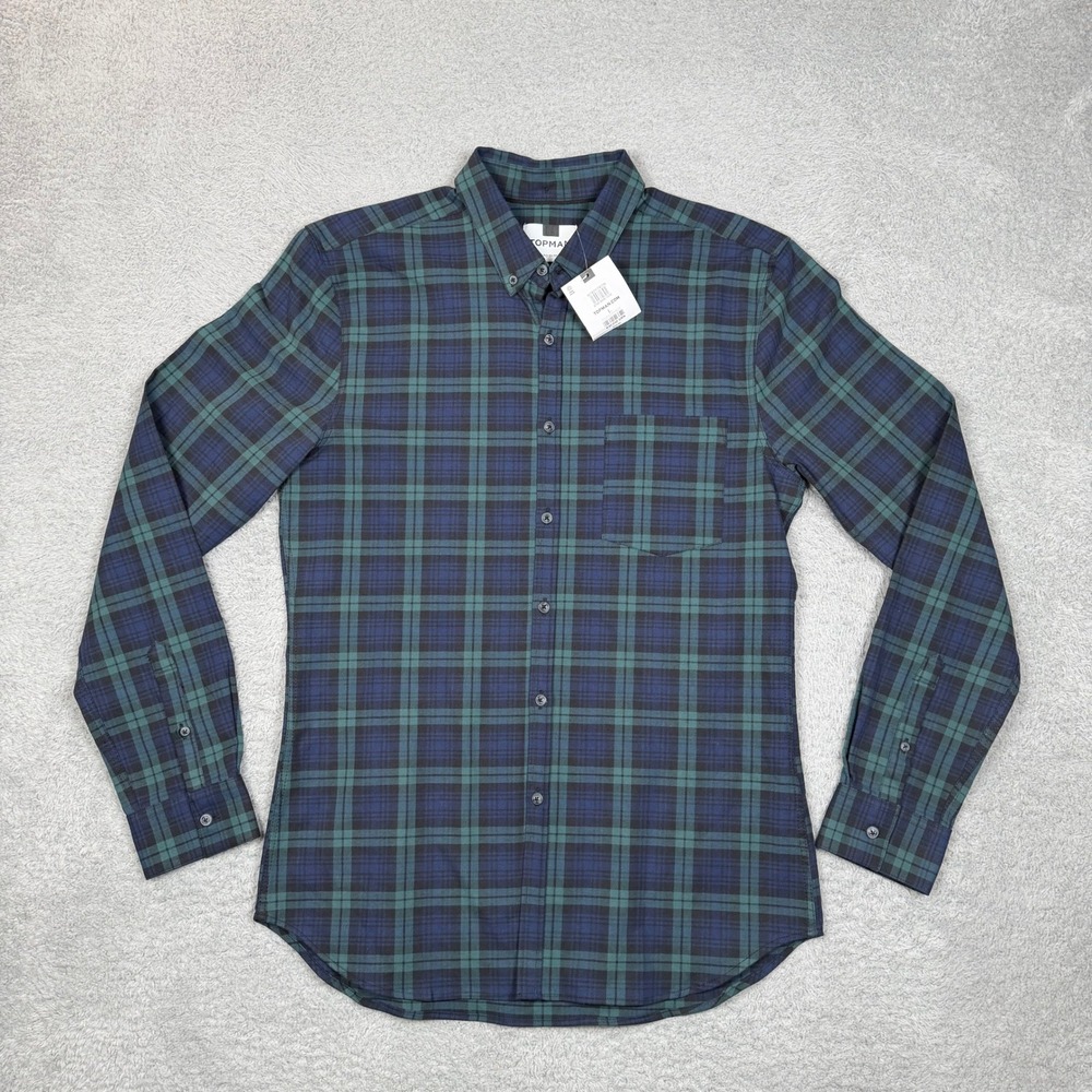 Topman Mens Large Green Navy Black Watch Plaid Button Down Shirt New Long Sleeve